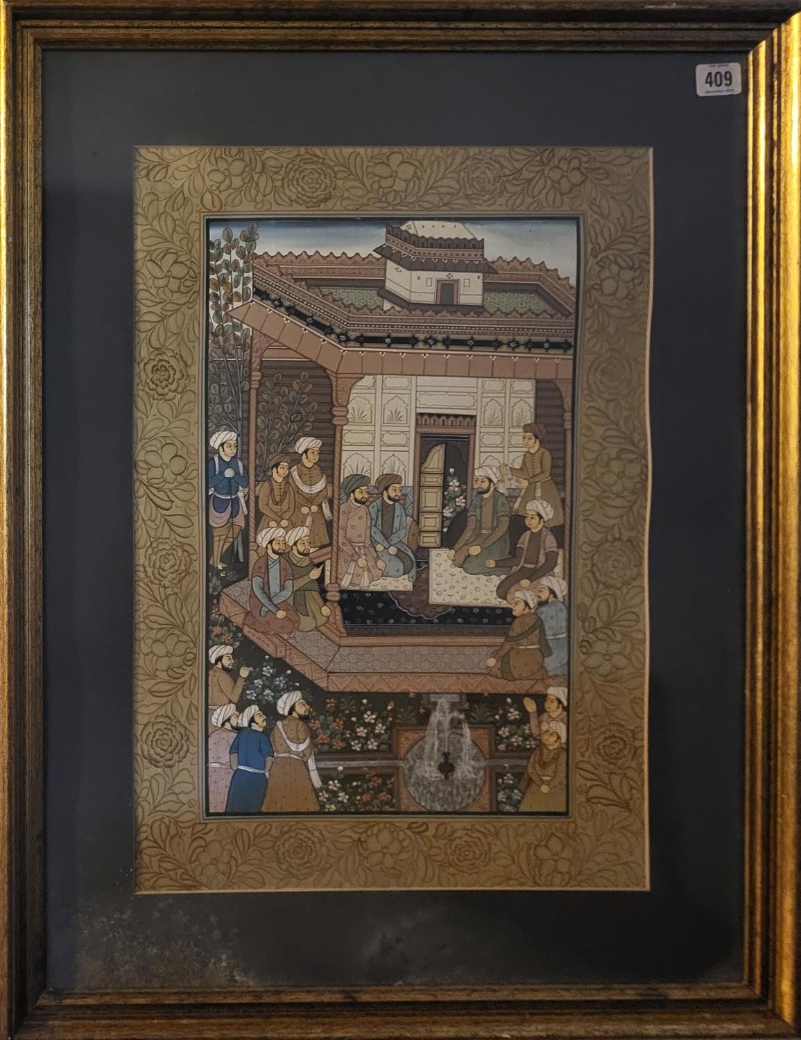 A PERSIAN WATERCOLOUR, LANDSCAPE, TRADITIONAL SCENE, FIGURES IN PERIOD ATTIRE Framed and glazed. ( - Image 2 of 3