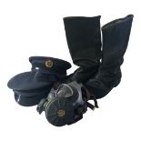 TWO ROYAL AIRFORCE OFFICER’S CAP A mid 20th Century Kemika of Finland gas mask and a pair of black