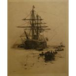WILLIAM LIONEL WYLLIE, 1851 - 1931, BLACK AND WHITE MARINE ETCHING Tall ship with rowing boats in