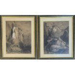 A PAIR OF 19TH CENTURY CONTINENTAL SEPIA WATERCOLOUR Landscapes, mountainous scenes, with goats,