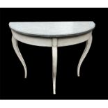 A DEMILUNE HALL TABLE With faux painted granite top on cabriole legs. (108cm x 52cm x 87cm)