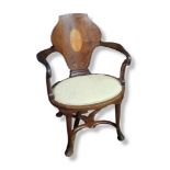 A LATE VICTORIAN MAHOGANY AND SHELL MARQUETRY INLAID OPEN ARMCHAIR With panelled back, Shepherd