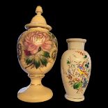 A LATE 19TH CENTURY OPALINE GLASS PEDESTAL VASE AND COVER Polychrome painted to one side with
