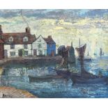 MARION COKER, A MID CENTURY OIL ON CANVAS Harbour scene, sailing ships with white buildings,