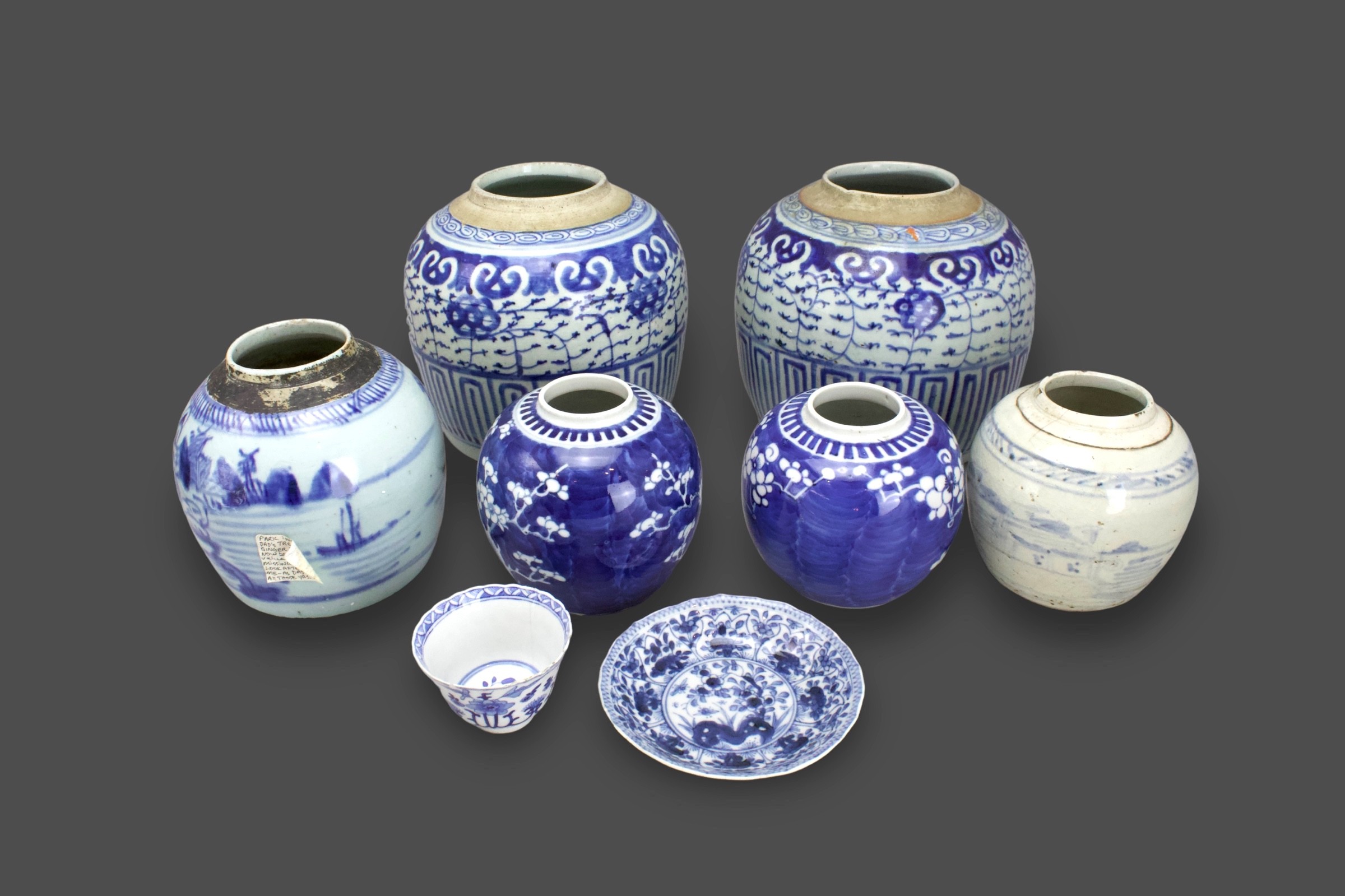 Six Blue and White Ginger Jars, and a Saucer and a Cup, mostly Qing Dynasty the largest H:21cm the