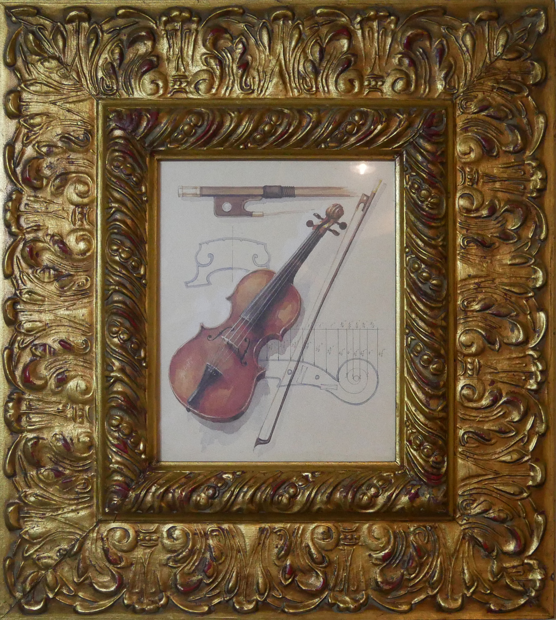 A COLLECTION OF SEVEN MODERN MUSICAL INSTRUMENT PRINTS IN GILT FRAMES Including violin, harp and a