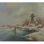 A 20TH CENTURY CONTINENTAL OIL ON CANVAS, WINTER SCENE With figures ice skating on a river with