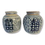 A PAIR OF 19TH CENTURY CHINESE QING DYNASTY PORCELAIN BLUE AND WHITE GINGER JARS AND COVERS