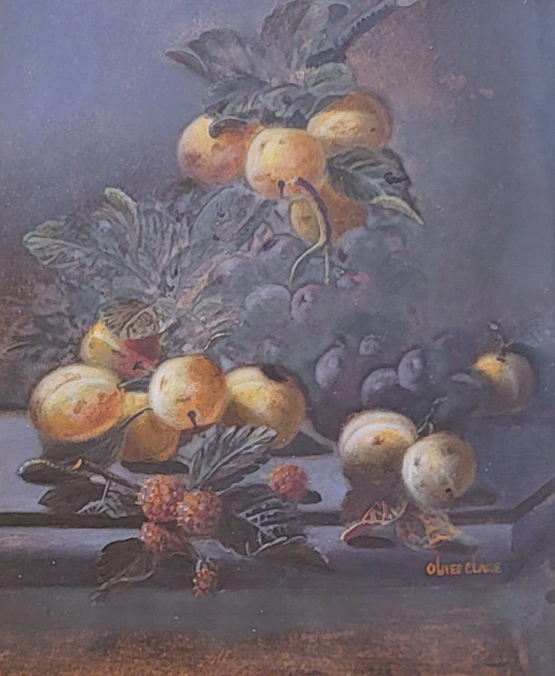 OLIVER CLARE, 1853 - 1927, A PAIR OF OILS ON CARD, Still life studies of fruit, a selection of fruit - Image 2 of 5