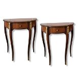 A PAIR OF FRENCH DESIGN LACQUERED MAHOGANY HALF MOON SIDE TABLES The single drawers applied with