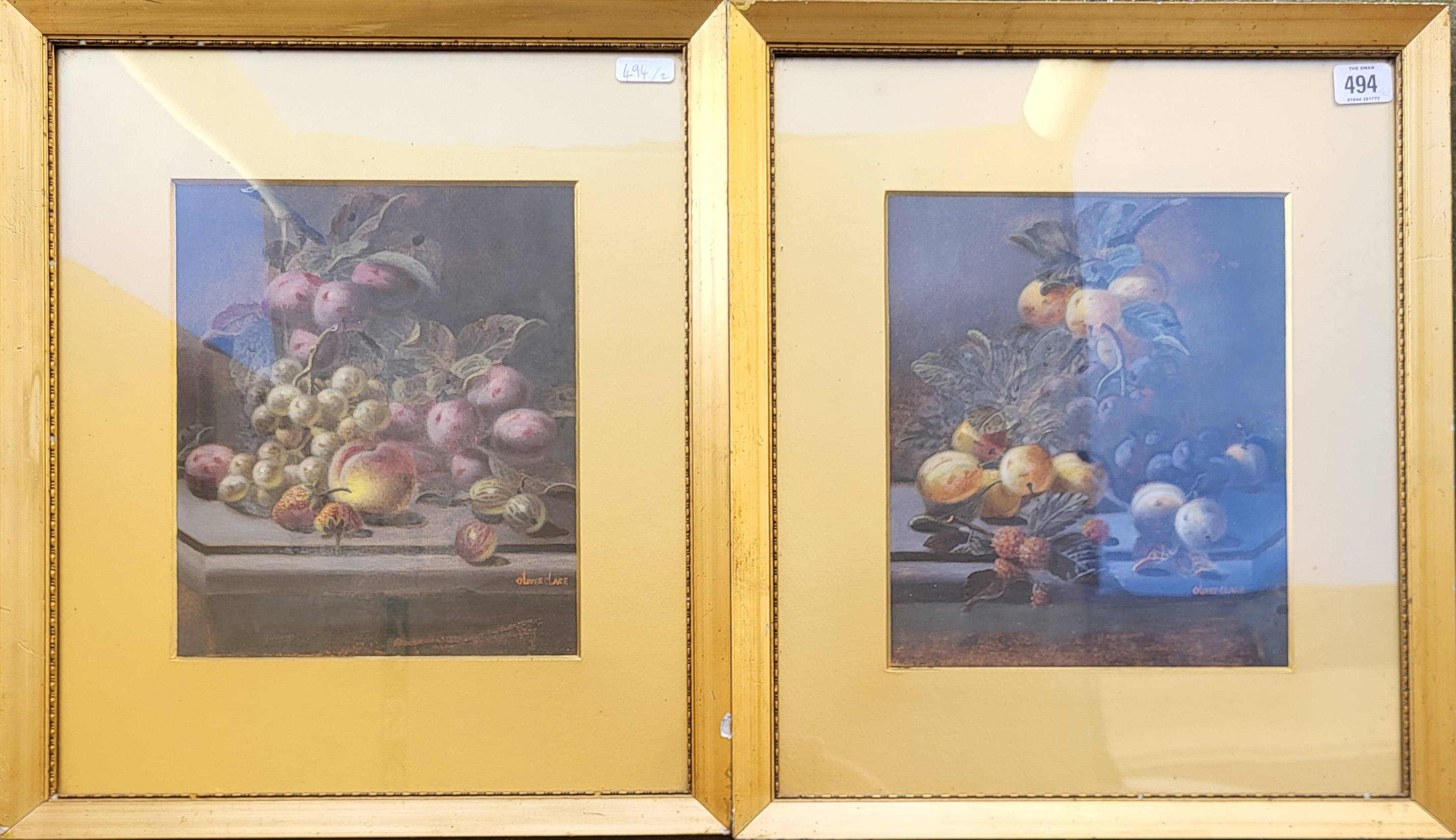 OLIVER CLARE, 1853 - 1927, A PAIR OF OILS ON CARD, Still life studies of fruit, a selection of fruit