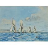 A LATE 19TH/EARLY 20TH CENTURY BRITISH SCHOOL WATERCOLOUR Coastline view, racing boats, unsigned,