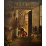 A 19TH CENTURY OIL ON PANEL, INTERIOR SCENE Reverse view of a seated female figure in period