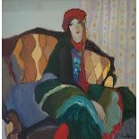 ITZCHAK TARKAY, 1935 - 2012, A LARGE OIL ON CANVAS Portrait of a seated female wearing a red hat and