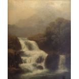 A 19TH CENTURY OIL ON CANVAS SCOTTISH HIGHLAND LANDSCAPE Two fisherman near a waterfall with