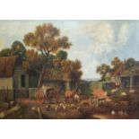 A LARGE LATE 19TH/EARLY 20TH CENTURY OIL ON CANVAS, FARMYARD SCENE Two horses with hay cart with