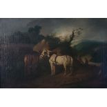 AFTER GEORGE MORLAND, 1764 - 1804, OIL ON CANVAS Landscape, two tethered horses with seated