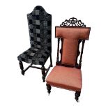 A VICTORIAN MAHOGANY PRIEDU CHAIR Along with a Queen Anne style standard chair newly upholstered