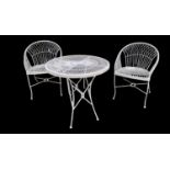 A 19TH CENTURY STYLE WROUGHT IRON AND WIREWORK GARDEN TABLE AND TWO CHAIRS. (80cm x 75cm) Condition: