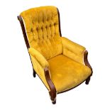 A VICTORIAN MAHOGANY EASY ARMCHAIR In mustard button back velvet upholstery along with an early