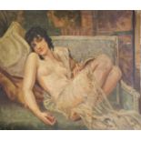 OIL ON CANVAS LAID TO BOARD, PORTRAIT OF A CLASSICAL FORM RECLINING SEMICLAD FEMALE Unframed. (