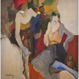 ITZCHAK TARKAY, 1935 - 2012, A LARGE OIL ON CANVAS PORTRAIT Two seated females wearing Art Deco