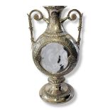 AN AESTHETIC MOVEMENT AMPHORA SHAPED TWIN HANDLED SILVER PLATED VASE/CENTREPIECE Engraved on