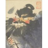 AN EARLY 20TH CENTURY JAPANESE WATERCOLOUR PORTRAIT OF A SAMURAI WARRIOR grotesque pose with