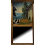 AN EARLY 20TH CENTURY RECTANGULAR TRUMEAU MIRROR Carved gilt frame containing an oil on canvas,