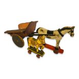 WITHDRAWN!! A VINTAGE HARD WOOD PULL ALONG HORSE AND CART TOY