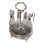 A GEORGE III HALLMARKED SILVER FIVE BOTTLE SILVER MOUNTED CRUET SET With central loop carry