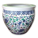 A LATE 20TH CENTURY CHINESE FAMILLE VERTE STYLE HARD PASTE PORCELAIN JARDINIÈRE Applied to body with