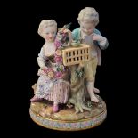 MEISSEN, A FINE MID 19TH CENTURY PORCELAIN GROUP, YOUNG BIRD LOVERS Modelled as girl in 18th Century