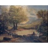 A 19TH CENTURY CONTINENTAL OIL ON PANEL, LANDSCAPE, A FEMALE FIGURE ON HORSEBACK RIDING SIDE