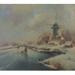 A 20TH CENTURY CONTINENTAL OIL ON CANVAS, WINTER SCENE With figures ice skating on a river with