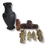 AN EARLY 20TH CENTURY CHINESE SOAPSTONE FIGURAL GROUP Carved with five figures including Lohan, on a