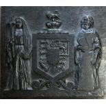 AN ANTIQUE HAND CARVED OAK PANEL English coat of arms flanked by saintly figures. (54cm x 48cm)