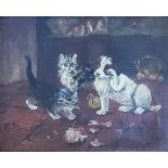 D. WELLS, A 20TH CENTURY OIL ON CARD Interior scene, two cats with a crying dog with onion, signed