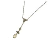 AN ART DECO PLATINUM AND DIAMOND DROP PENDANT NECKLACE Marked .950 to clasp. (length 24.7cm, gross