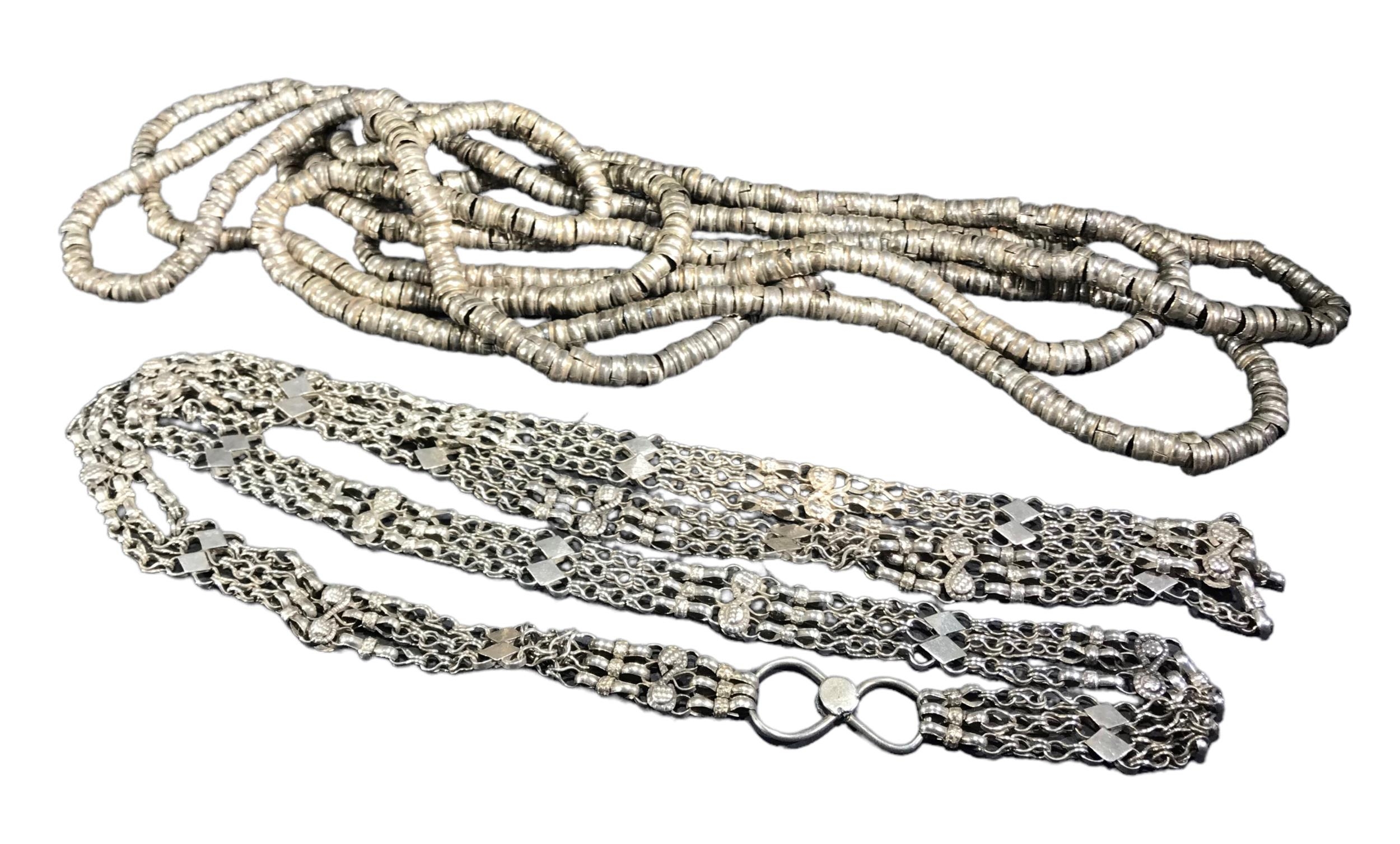 TWO LATE 19TH/EARLY 20TH CENTURY OMANI SILVER MANJAD NECKLACES. (largest: length 125cm, gross weight - Image 2 of 2