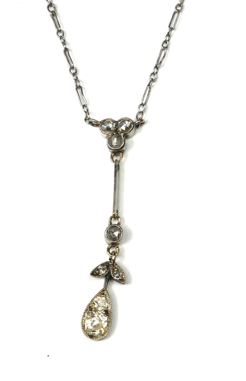 AN ART DECO PLATINUM AND DIAMOND DROP PENDANT NECKLACE Marked .950 to clasp. (length 24.7cm, gross - Image 2 of 3