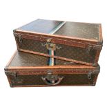 LOUIS VUITTON, A PAIR OF 1940’S VINTAGE SUITCASES Both with logo exterior and racing stripes,