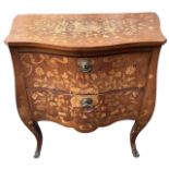 A 19TH CENTURY FRENCH ROSEWOOD AND FLORAL MARQUETRY INLAID SERPENTINE COMMODE With two drawers
