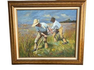 AFTER SIR GEORGE CLAUSEN, OIL ON CANVAS Titled ‘The Mowers’, framed. (sight 49.5cm x 60cm, frame - Image 2 of 3