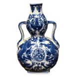 A LATE 19TH EARLY 20TH CENTURY CHINESE BLUE AND WHITE BAOYUEPING MOON FLASK Decorated with two