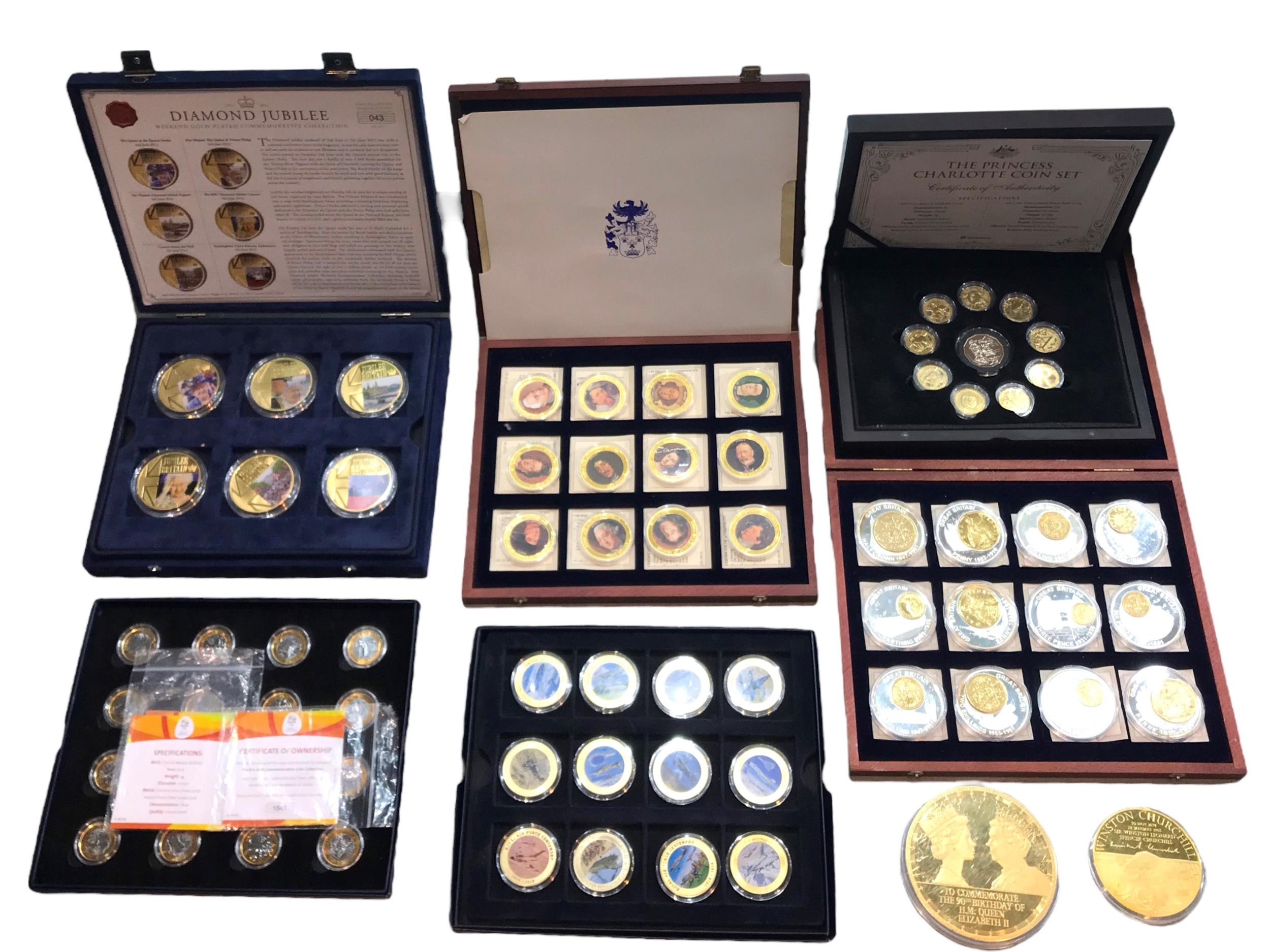 WESTMINSTER & WINDSOR MINT, A COLLECTION OF SIX CASED COMMEMORATIVE COIN SETS AND TWO LARGE GOLD