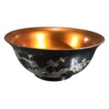 A 20TH CENTURY JAPANESE SILVER INLAID WOOD LACQUERED BOWL Interior painted with five Japanese