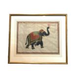 A 19TH CENTURY INDIAN GOUACHE ON SILK, DEPICTING AN ELEPHANT. (frame 48.5cm x 56.5cm, sight 32cm x