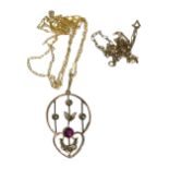 AN EDWARDIAN ART NOUVEAU 9CT GOLD, AMETHYST AND SEED PEARL PENDANT AND CHAIN Together with a