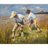 AFTER SIR GEORGE CLAUSEN, OIL ON CANVAS Titled ‘The Mowers’, framed. (sight 49.5cm x 60cm, frame